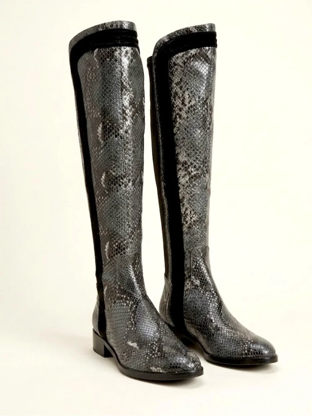 NEW Donald Pliner Black and Gray leather Snakeskin luxury knee high boots